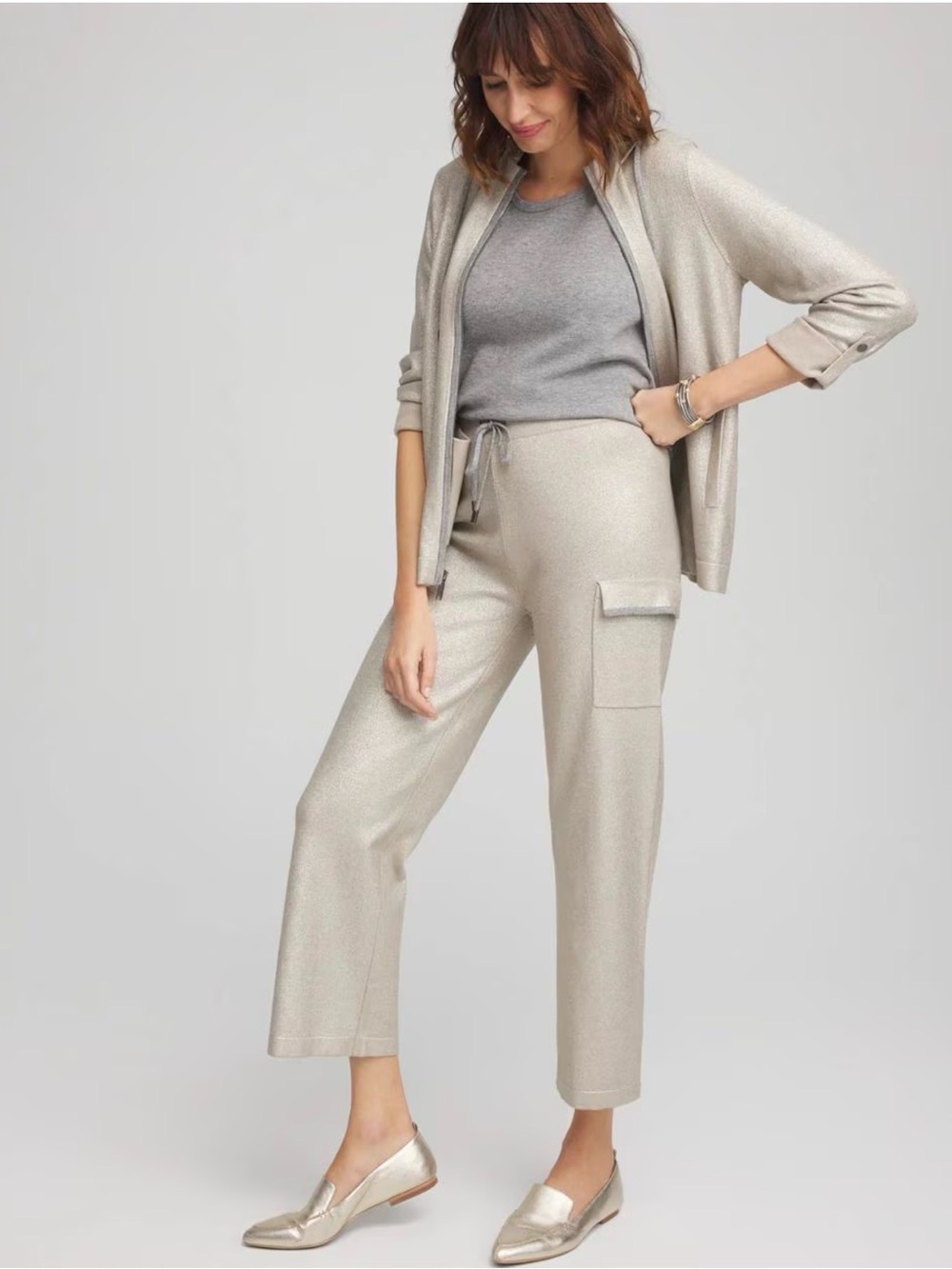 Chico's Zenergy Luxe Foiled Cashmere Blend Metallic Cargo Pants